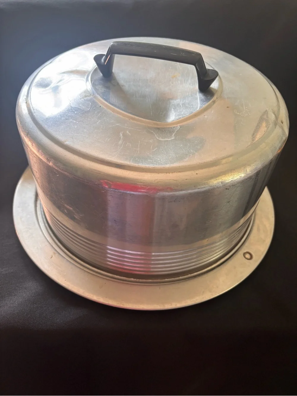 Vintage Aluminum Cake Carrier with Black Handle - Silver
